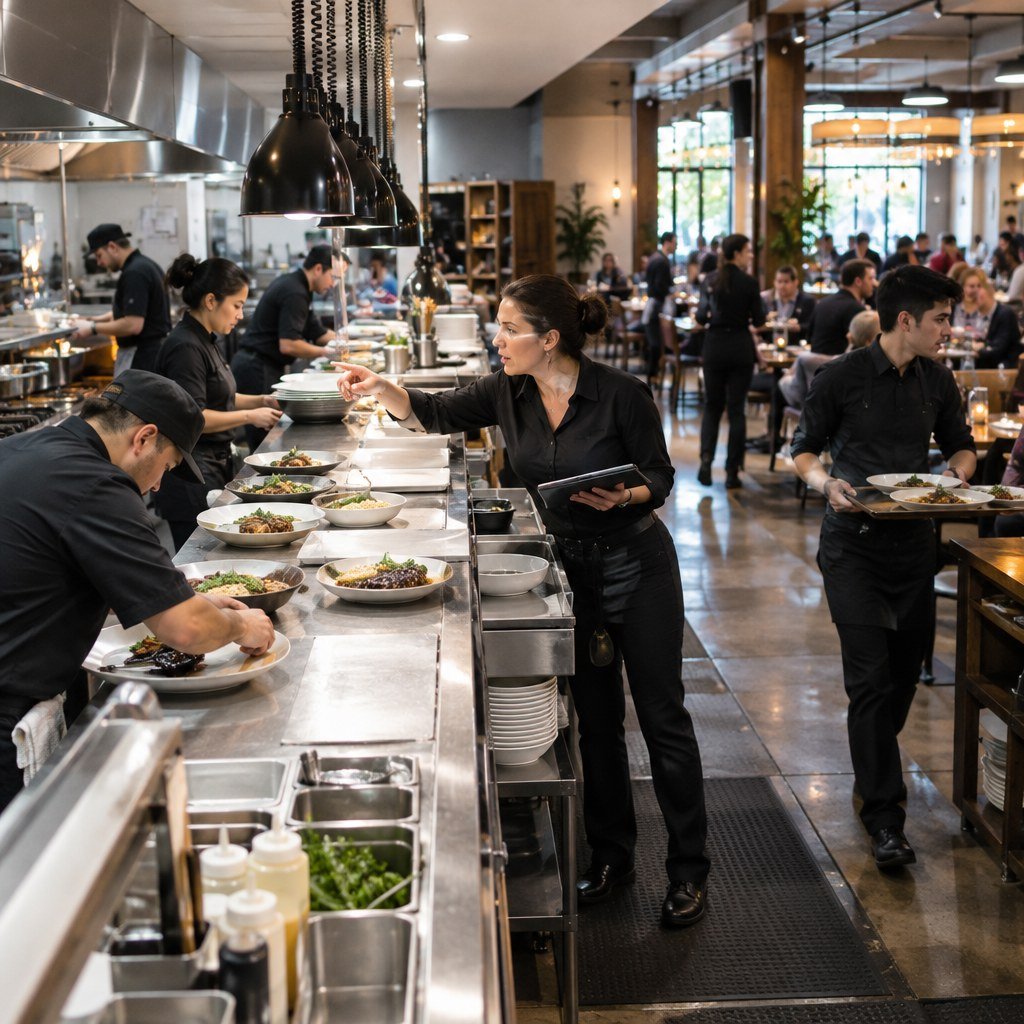 Restaurant manager coordinating staff during a busy peak service shift
