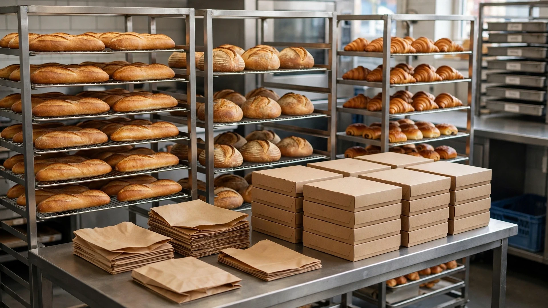 Commercial bakery cooling racks and packaging workflow