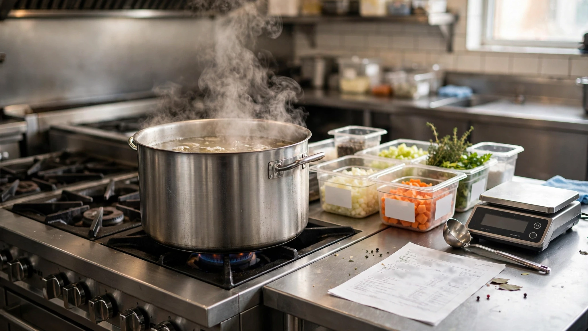 Commercial kitchen soup batch production and mise en place
