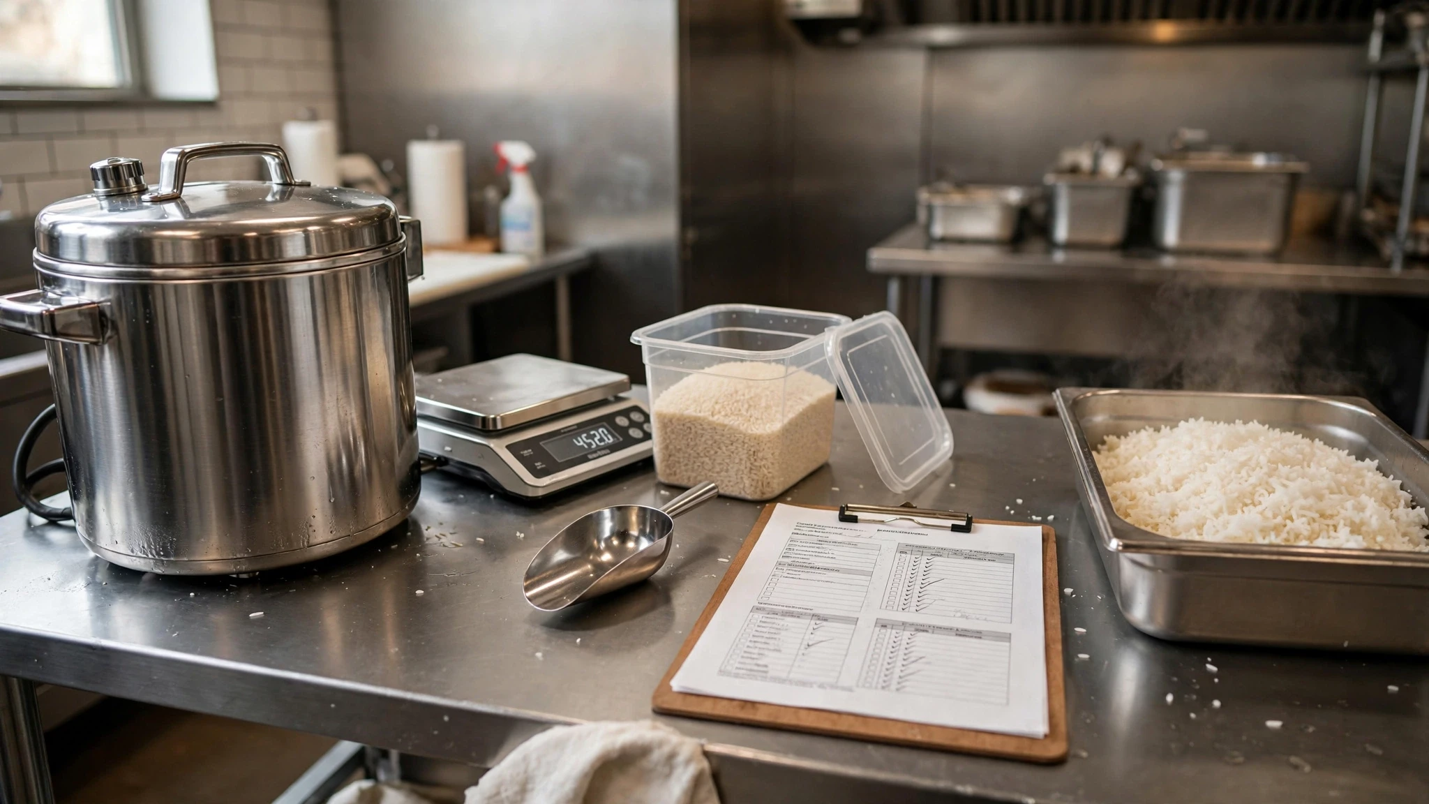 Commercial kitchen rice batch production and yield control