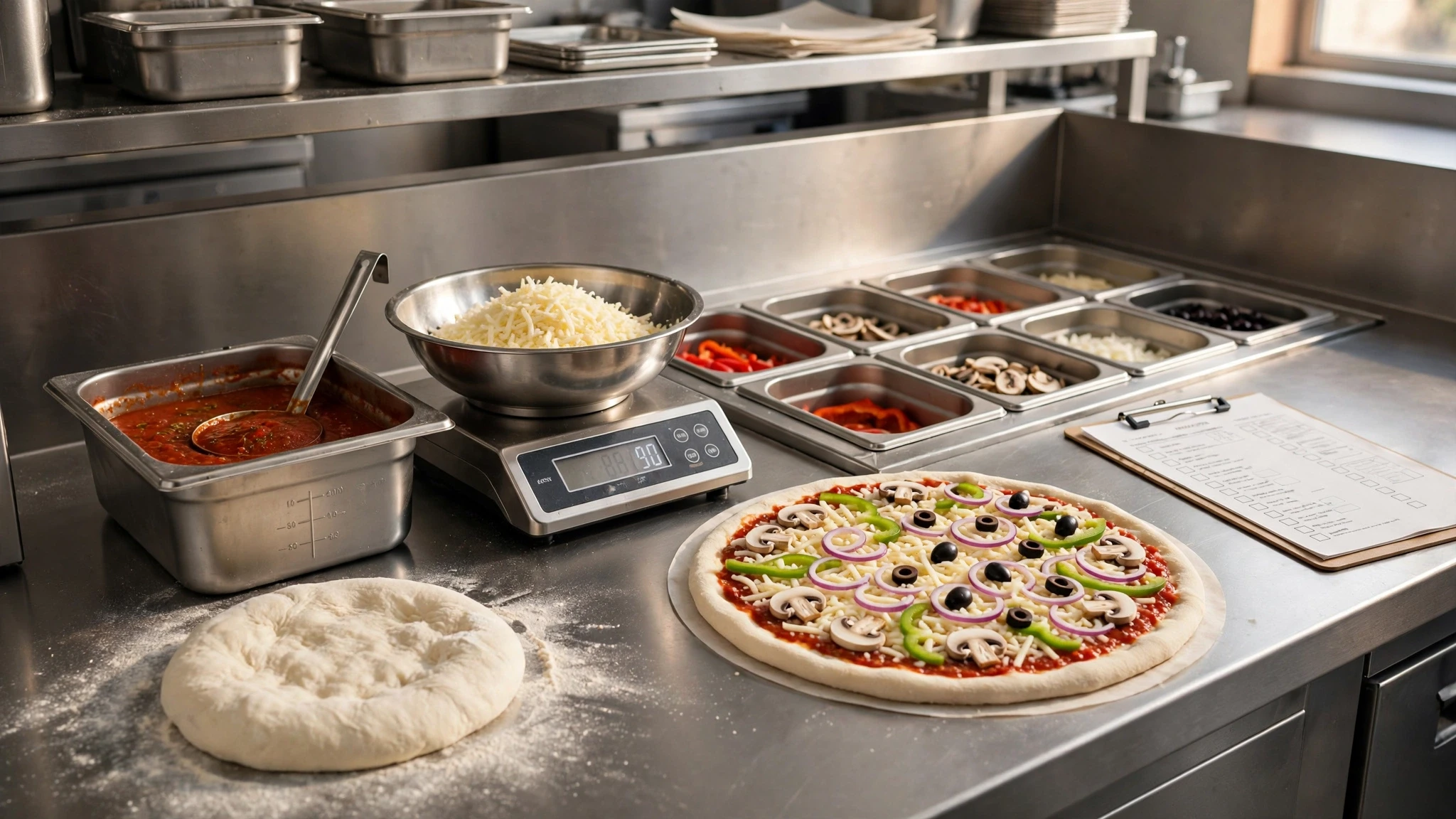 Pizza preparation station with topping portion control