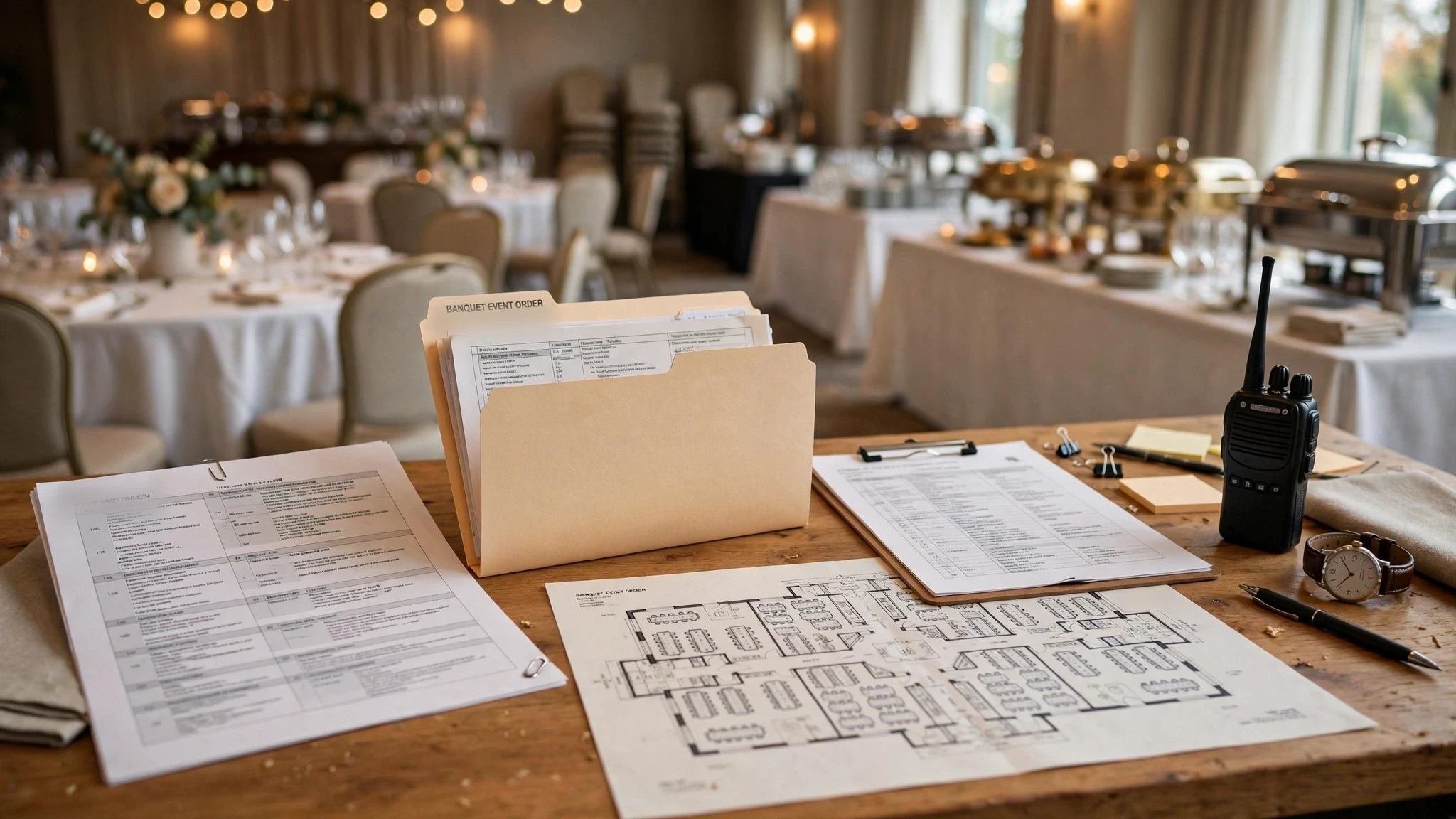 Catering event run-of-show timeline and venue planning desk